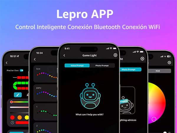 Lepro app interface mockup showing multiple screens with smart lighting controls, featuring color wheels, automation settings, and Bluetooth/WiFi connectivity options.
