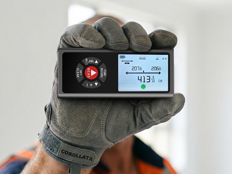COROLLATA laser measure showing ft-in fraction reading used by renovation contractor on job site(2)