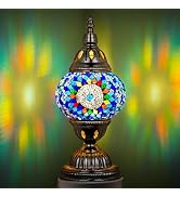 Marrakech Turkish Table Lamp with Bronze Base,Handmade Blue Moroccan Tiffany Style Mosaic Glass N...