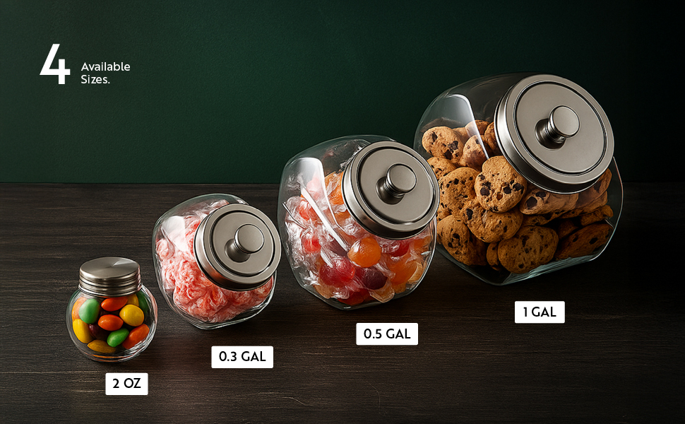 glass penny jar, chrome lid jar, countertop storage jar, candy display jar, glass storage container