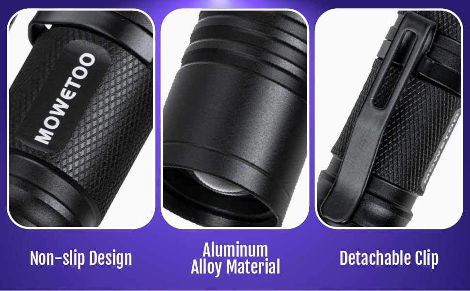 Flashlight with three key features: non-slip textured grip, aluminum alloy body, and detachable clip. Close-up views show grip pattern, material finish, and clip mechanism.