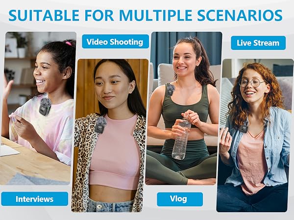Text reads 'SUITABLE FOR MULTIPLE SCENARIOS' with blue labeled sections: 'Video Shooting', 'Live Stream', 'Interviews', 'Vlog'. Four portrait photographs showing different people in various content creation contexts against colored backgrounds.