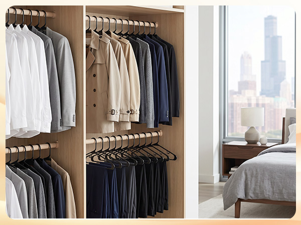 Dorm room closet with slim black plastic hangers. Fits twice as many clothes in tiny rod space