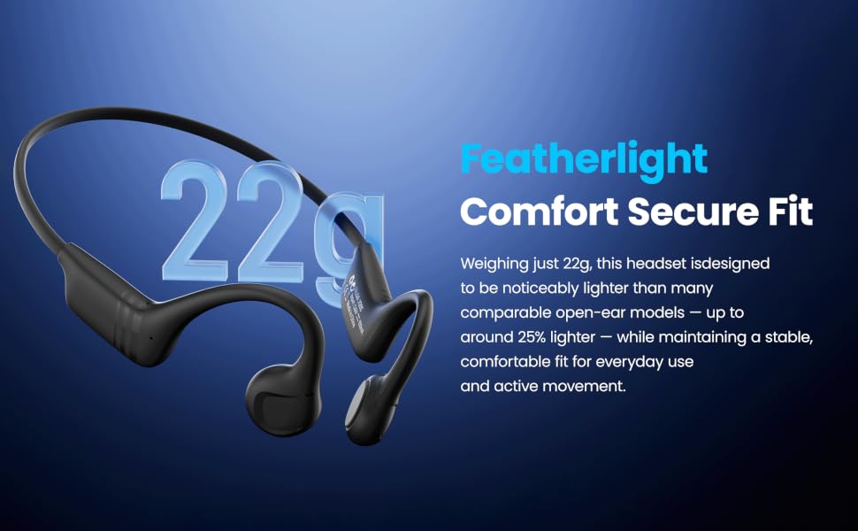 Lightweight 22g bone conduction headphones for secure, active fit.