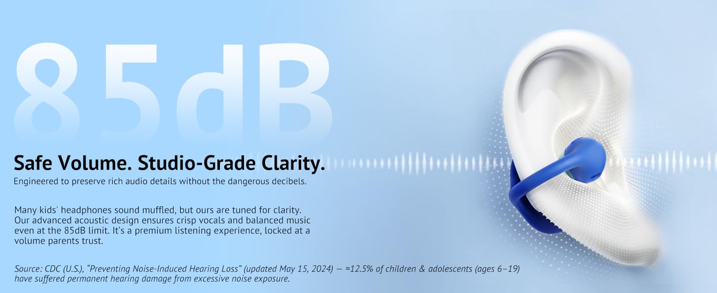 Frequency response graph showing 85dB safe volume limit and clear audio.