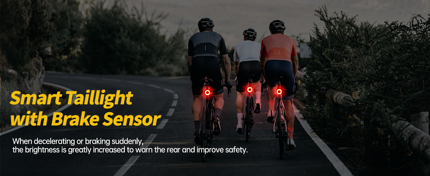 Cyclists with illuminated red taillights on a dark road. Text overlay: 'Smart Taillight with Brake Sensor' and description of its safety features.