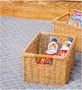 Large Wicker Storage Basket with Wooden Handles, Seagrass Baskets for Shelves, Natural Basket Wit...