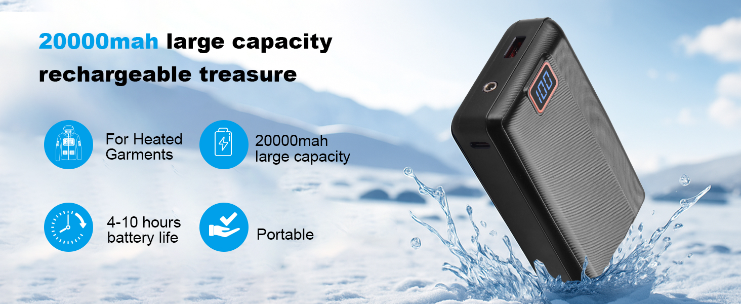 Text reads '20000mah large capacity rechargeable treasure'. Product images showing a device in water with blue circular icons indicating features.