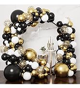 RUBFAC 144pcs Black and Gold Balloon Garland Arch Kit, 5 10 12 18 Inch Black Gold White Latex Bal...