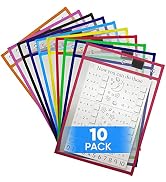 10 Pack Dry Erase Pockets 10x13 in (3 Hole) for Classroom - Plastic Sleeves for Paper - Write &amp; W...