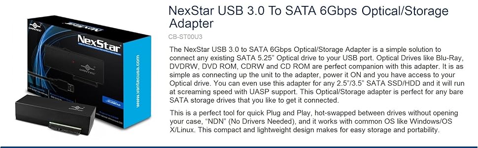 USB 3.0, Optical Adapter, HDD adapter, SSD adapter, 2.5", 3.5", SATA I/II/III, 6Gbps