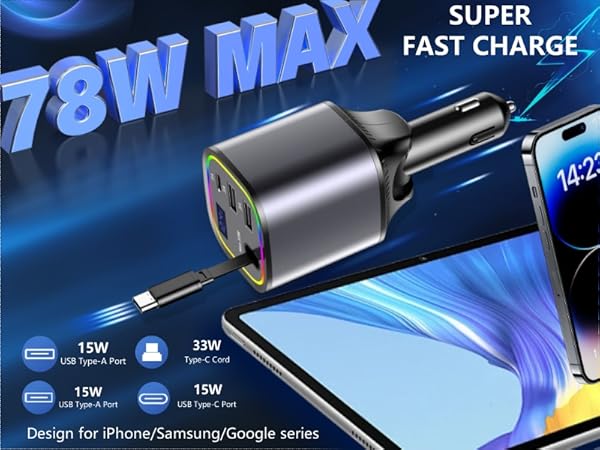car cigarette lighter adapter retractable charger 78w car charger fast charging