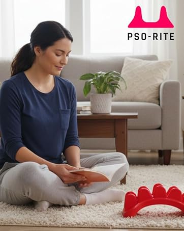 Lady sat in crossed legged on the floor of her living room with the red pso-back massage tool