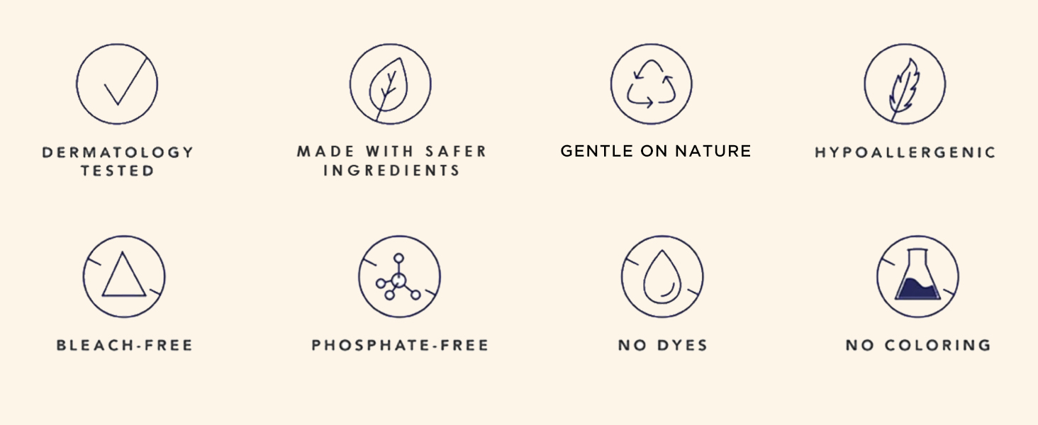 dermatology tested, safer ingresients, gentle on nature, hypoallergenic, bleach free, dye free