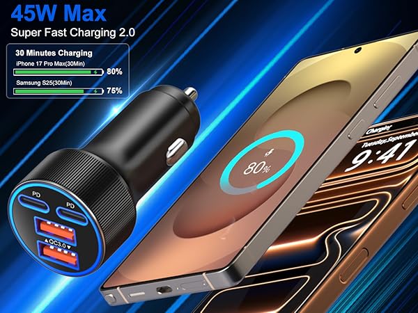 45w super fast type c car charger usb c car adapter for samsung android phone