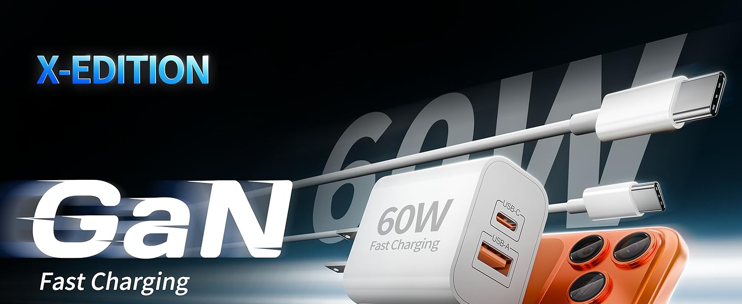60W USB A &amp;amp; USB C Charger + 6FT USB C Cable