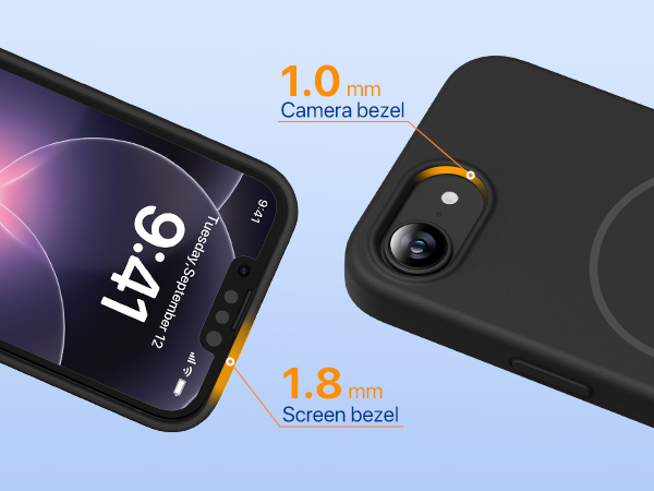 Text reads '1.0mm Camera bezel, 1.8mm Screen bezel'. Technical diagram showing bezel measurements of a black electronic device against light blue background.