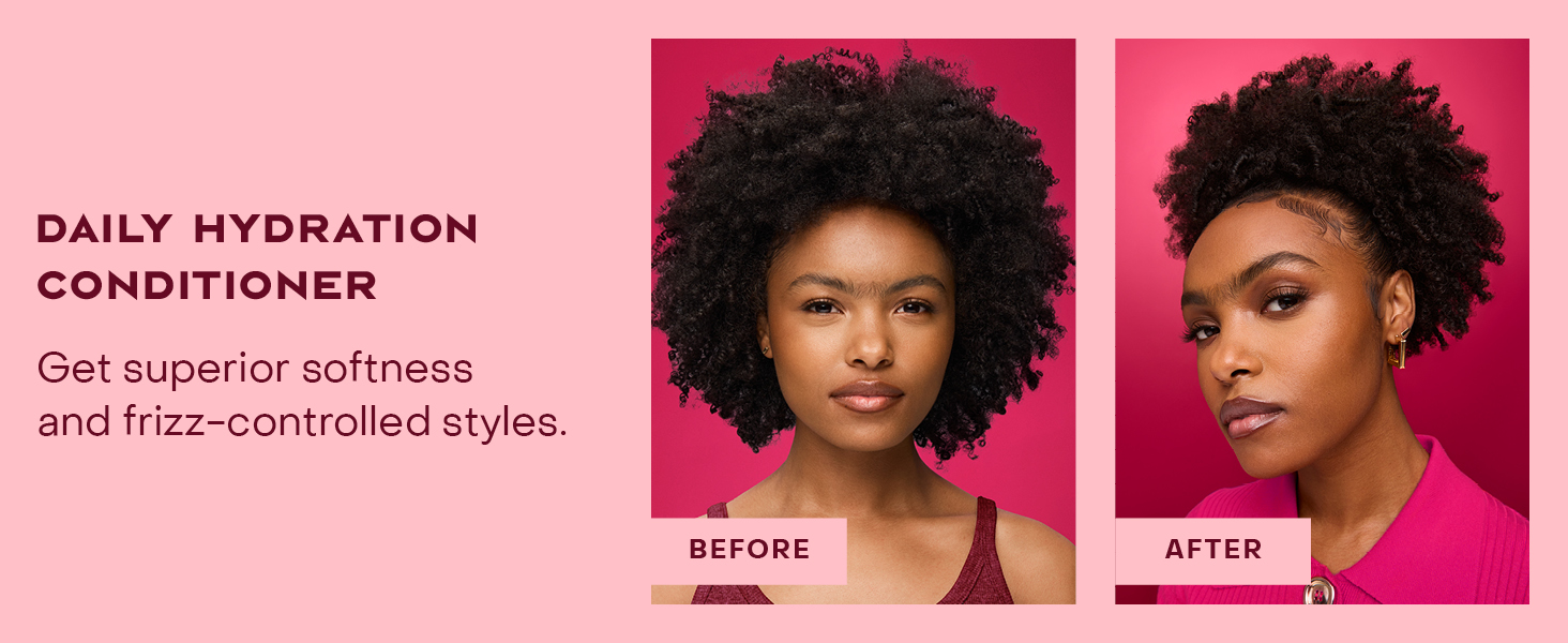 Two images of the same woman comparing her hair before and after applying our leave-in conditioner.