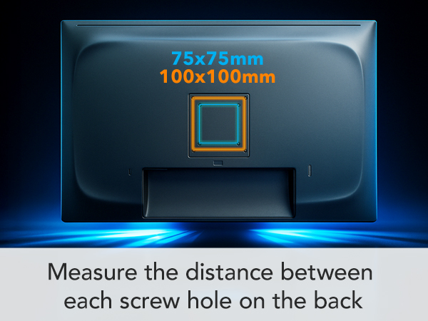 Back of monitor showing VESA 75x75 and 100x100; use adapter if no mounting holes.