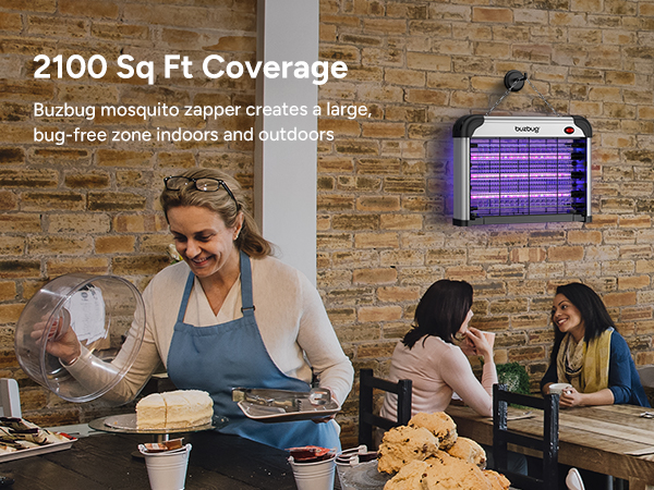 2100 Sq Ft Coverage Buzbug mosquito zapper creates a large, bug-free zone indoors and outdoors