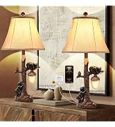 LOKHOM Rustic Western Bear Table Lamp with Nightlight Set of 2, 26“ Rustic Bedside Lamp with USB ...