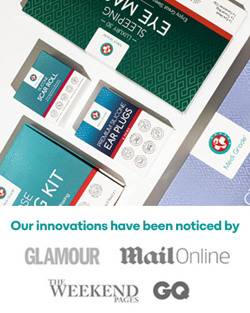 Product packaging layout with teal and green boxes against white background, featuring media recognition logos from Glamour, Mail Online, Weekend, and GQ below.
