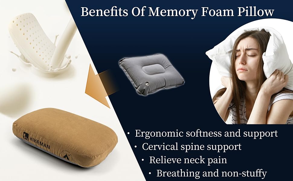 Memory foam pillow product display showing beige cushion, inflatable travel pillow, and benefits list including ergonomic support and neck pain relief.