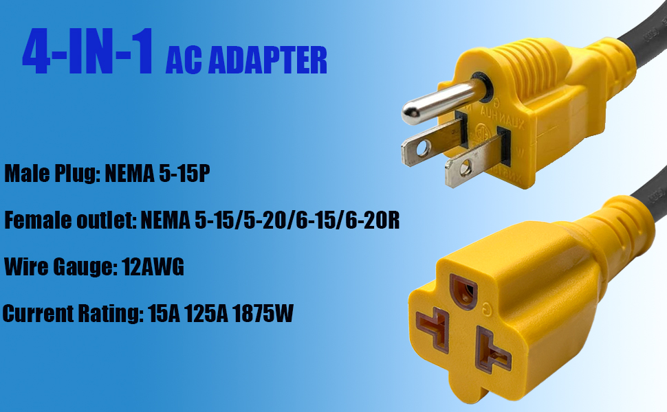 (4 in 1) Nema 6-15R, 6-20R, 5-15R, 5-20R Female 20AMP T-Blade Adapter-Cable