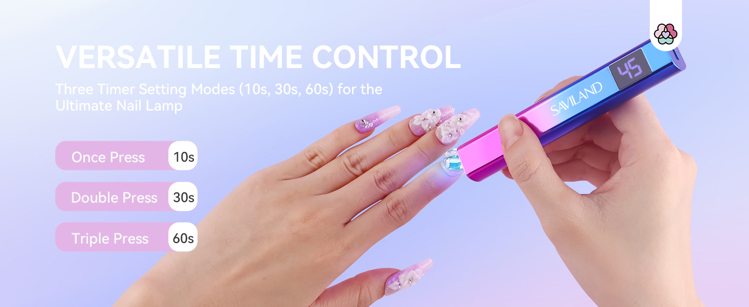Nail polish applicator with digital display. Shows versatile time control options: Once Press 10s, Double Press 30s, Triple Press 60s.