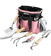 WORKPRO Pink Garden Tools Set, 7 Piece, Stainless Steel Heavy Duty Gardening Tools with Wooden Ha...