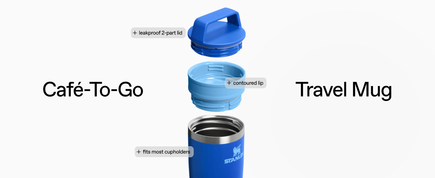 Cafe-To-Go Travel Mug with leakproof 2 part lid, countoured lip, and fits most cupholders