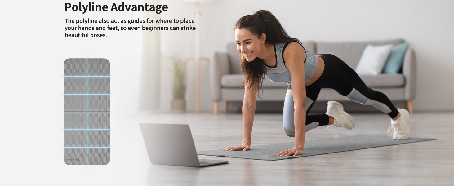 Woman in plank position on exercise mat, facing laptop for home workout. Text 'Polyline Advantage' visible in upper left corner.