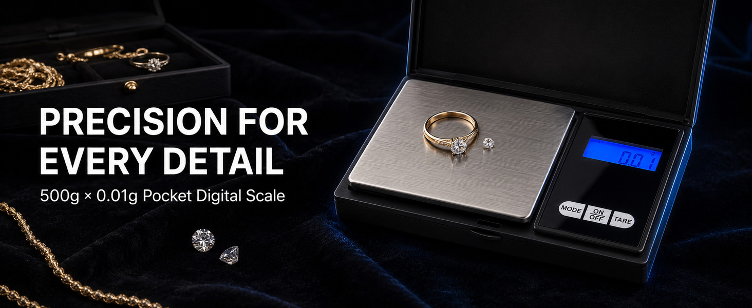 Pocket digital scale weighing a gold ring and gemstones on black velvet.