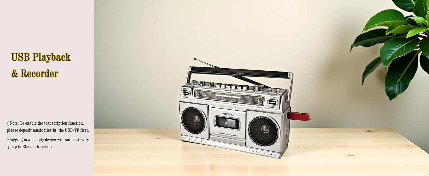 usb cassette player recorder radio bluetooth boombox sliver
