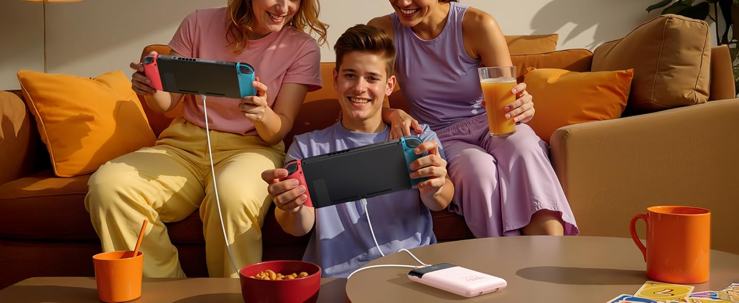 Perfect for gamers! This portable charger with built-in cables powers your phone and devices.
