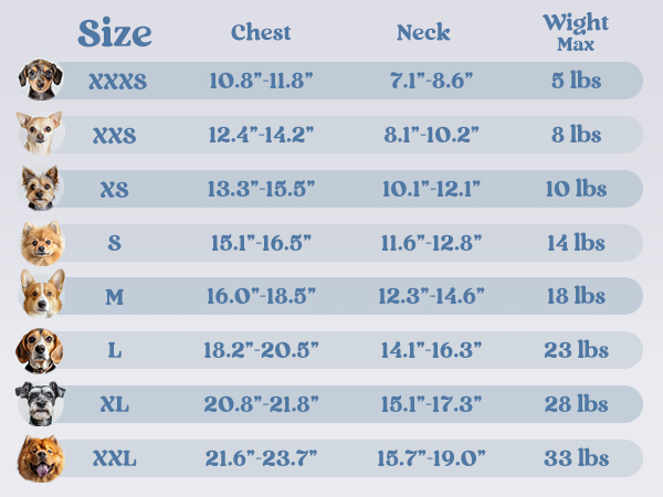 Pet harness size chart