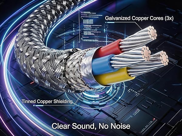 Internal structure of aux cord showing copper cores and braided shielding.