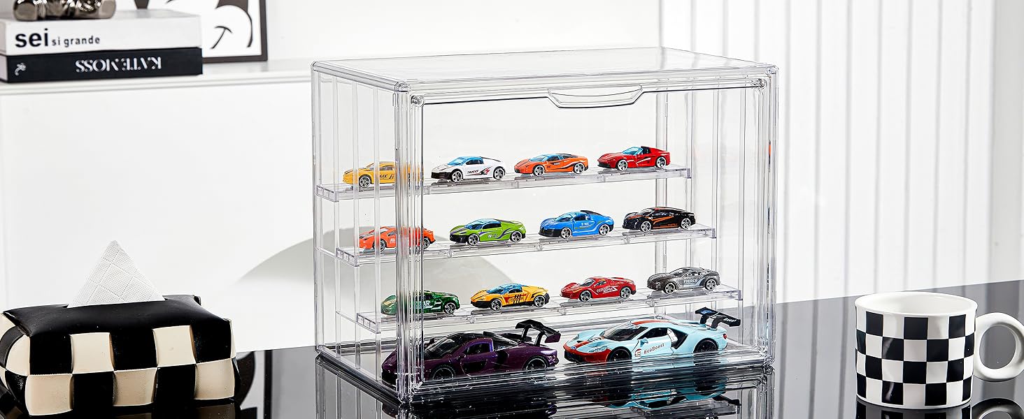 Clear Acrylic Display Boxes,4 Tiers Display Case with 3 Movable Plate,Display Box with Magnetic Door