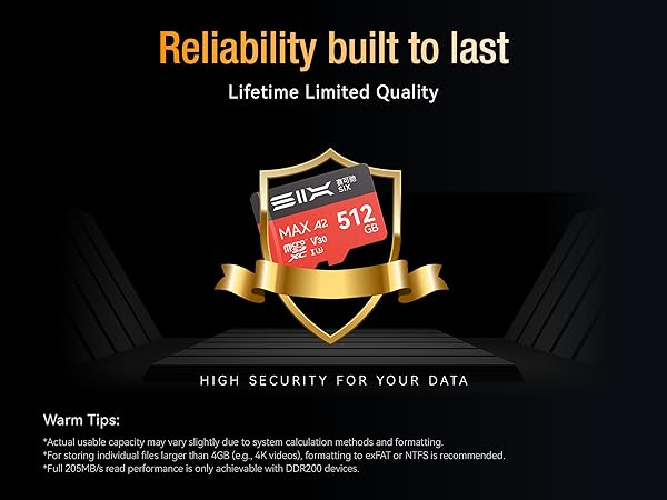 Text reads 'Reliability built to last', 'Lifetime Limited Quality'. Black promotional banner with gold shield emblem and red security card graphic.