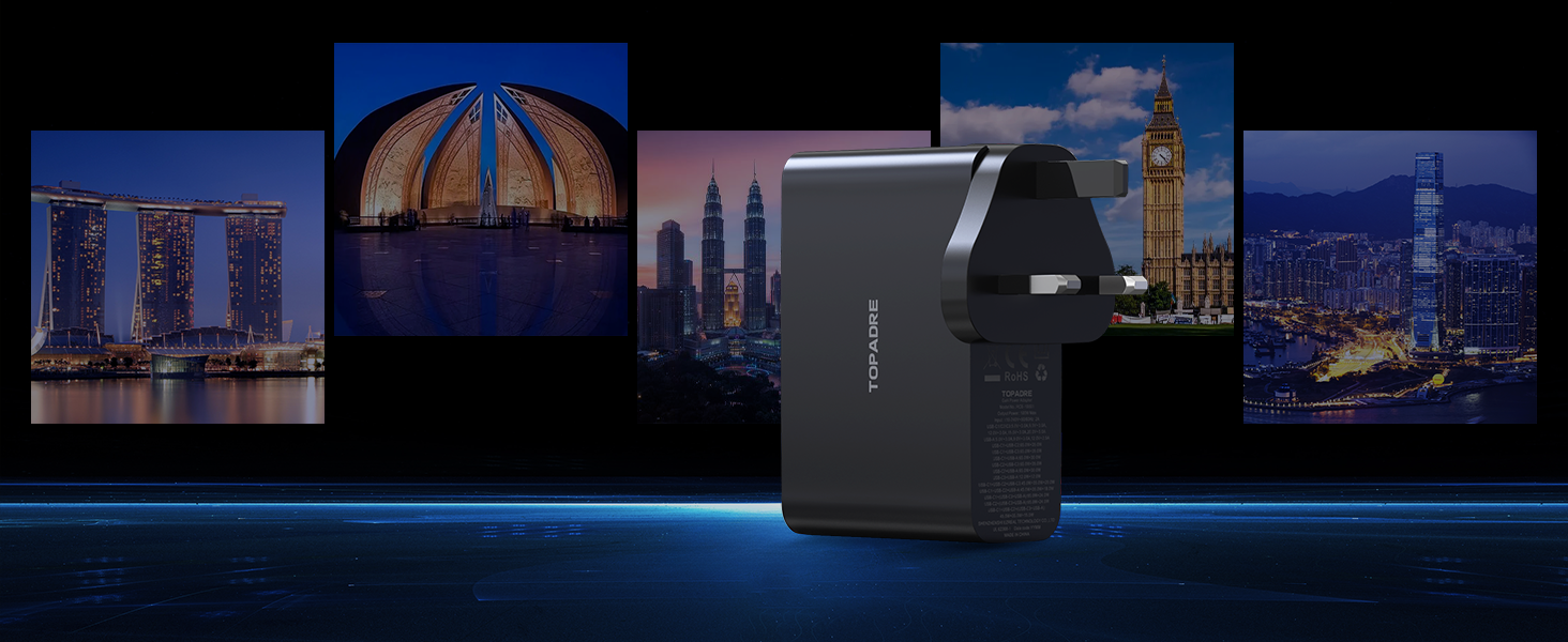 USB C Travel Charger 4-Ports Foldable Travel Adapter Plug Converter with UK/EU/AU Plugs