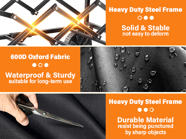 a heavy-duty steel frame and waterproof, puncture-resistant 600D Oxford fabric for durability
