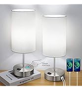 Set of 2 Touch Control Table Lamps with 2 USB Charging Ports&amp;AC Outlet, 3-Way Dimmable Bedside Ni...
