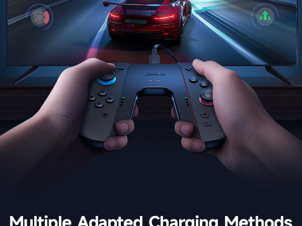 Text reads 'Multiple Adapted Charging Methods'. First-person view of hands holding gaming controller while playing racing game on screen.
