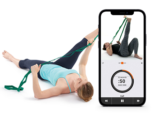 woman stretching inner thigh and hamstring with stretch out strap and closeup of app on phone