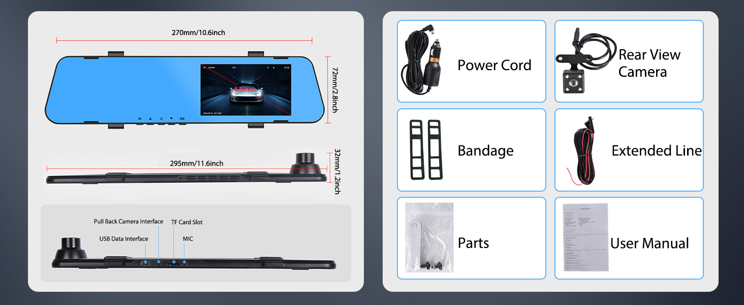 Rear View Mirror Video Recroder Car DVR 4.5" Mirror Dash Cam Backup Smart Rearview Front and Rear