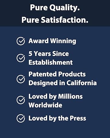 Text reads 'Pure Quality: Award Winning', '5 Years Since Establishment', 'Patented Products', 'Pure Satisfaction: Loved by Millions Worldwide', 'Loved by the Press' on dark blue background with checkmark icons.