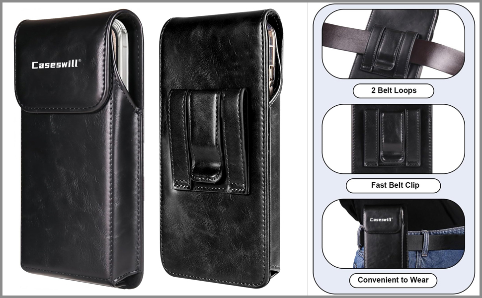 Text reads 'E-Wallet'. Multiple views of a black leather wallet or cardholder product, showing different angles and card slot configurations.