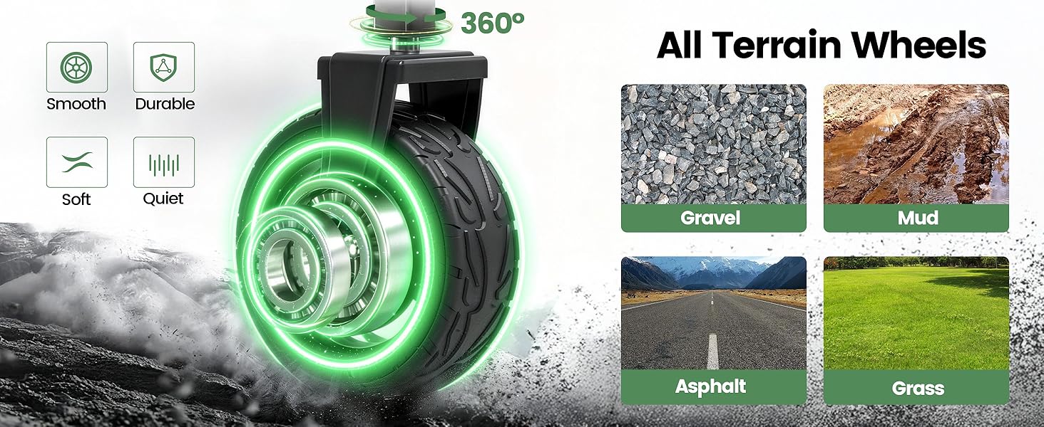 2-inch wide all-terrain wheels and 360° rotation
