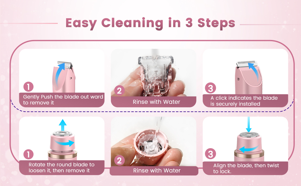 Easy cleaning steps for a women’s electric trimmer with removable and washable blades.