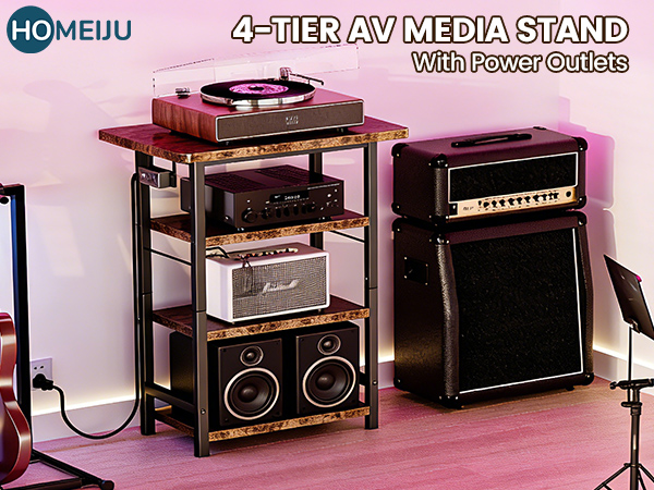 4-Tier AV Media Stand with Power Outlet, Wooden Record Player Stand